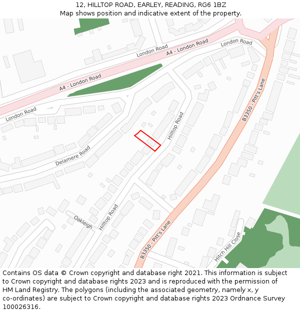 12, HILLTOP ROAD, EARLEY, READING, RG6 1BZ: Location map and indicative extent of plot
