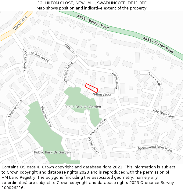 12, HILTON CLOSE, NEWHALL, SWADLINCOTE, DE11 0PE: Location map and indicative extent of plot
