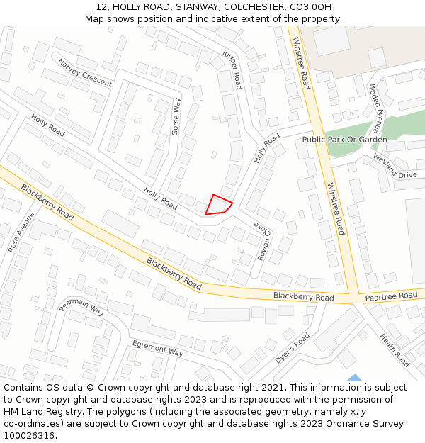 12, HOLLY ROAD, STANWAY, COLCHESTER, CO3 0QH: Location map and indicative extent of plot