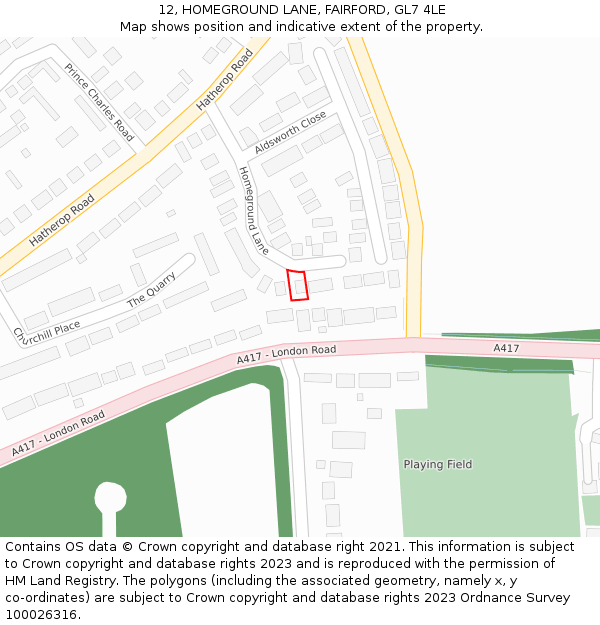 12, HOMEGROUND LANE, FAIRFORD, GL7 4LE: Location map and indicative extent of plot