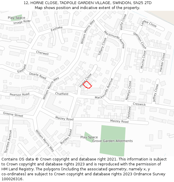 12, HORNE CLOSE, TADPOLE GARDEN VILLAGE, SWINDON, SN25 2TD: Location map and indicative extent of plot