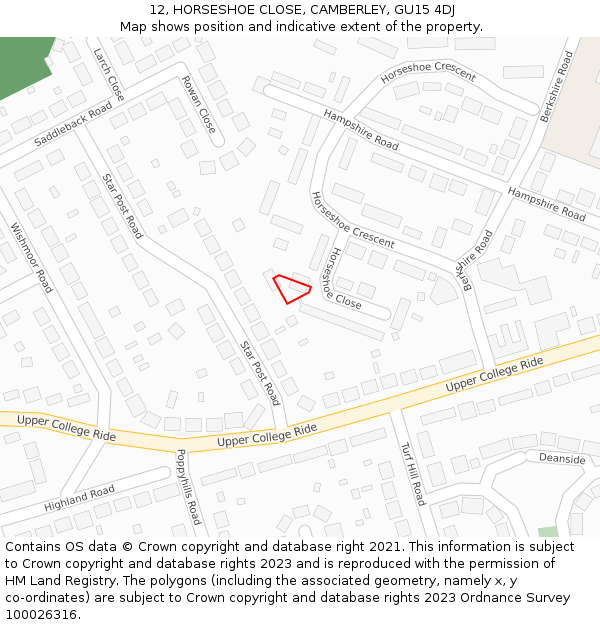 12, HORSESHOE CLOSE, CAMBERLEY, GU15 4DJ: Location map and indicative extent of plot