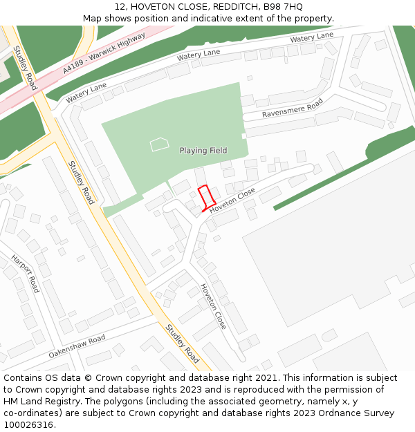 12, HOVETON CLOSE, REDDITCH, B98 7HQ: Location map and indicative extent of plot