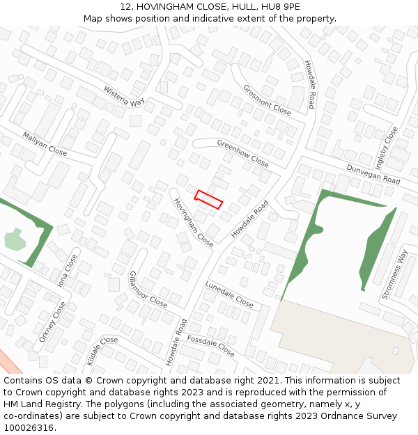 12, HOVINGHAM CLOSE, HULL, HU8 9PE: Location map and indicative extent of plot