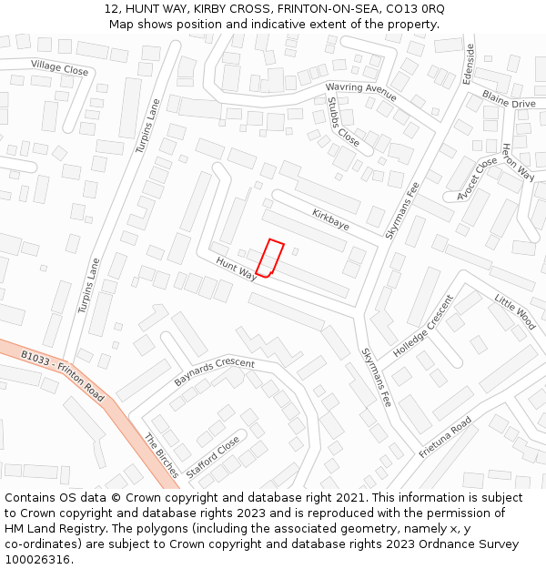 12, HUNT WAY, KIRBY CROSS, FRINTON-ON-SEA, CO13 0RQ: Location map and indicative extent of plot