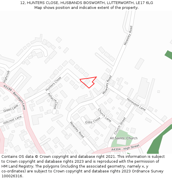 12, HUNTERS CLOSE, HUSBANDS BOSWORTH, LUTTERWORTH, LE17 6LG: Location map and indicative extent of plot