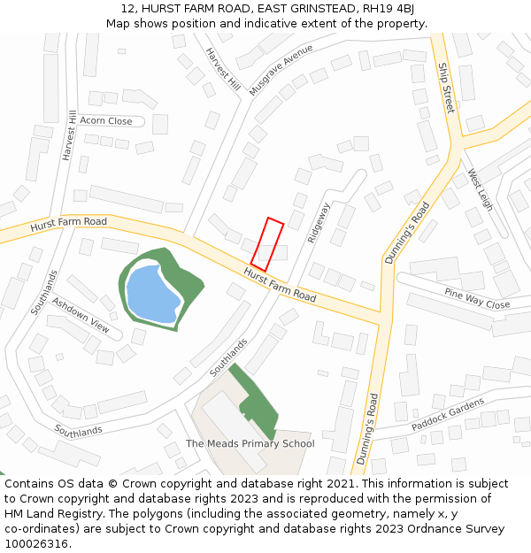 12, HURST FARM ROAD, EAST GRINSTEAD, RH19 4BJ: Location map and indicative extent of plot