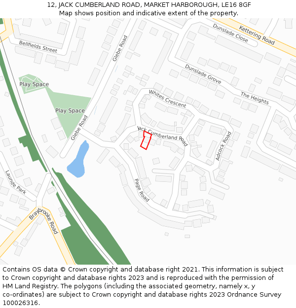 12, JACK CUMBERLAND ROAD, MARKET HARBOROUGH, LE16 8GF: Location map and indicative extent of plot