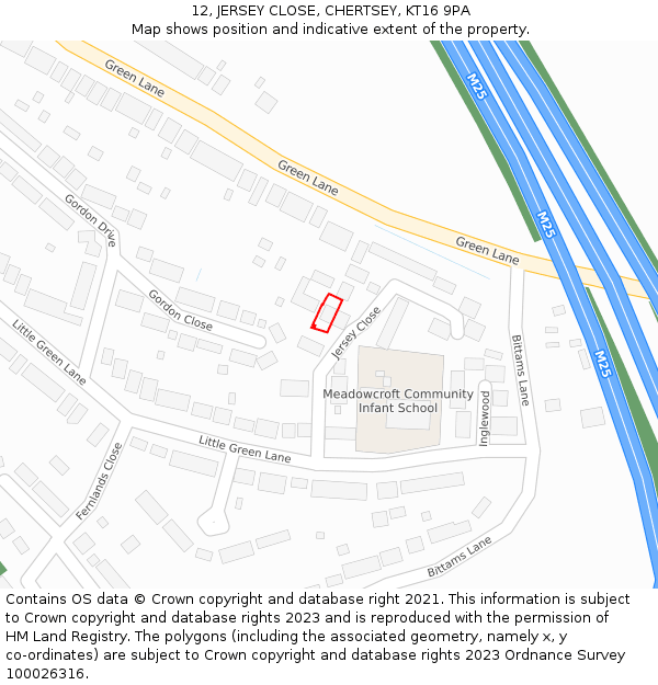 12, JERSEY CLOSE, CHERTSEY, KT16 9PA: Location map and indicative extent of plot