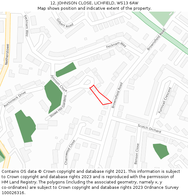12, JOHNSON CLOSE, LICHFIELD, WS13 6AW: Location map and indicative extent of plot