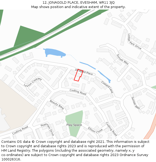 12, JONAGOLD PLACE, EVESHAM, WR11 3JQ: Location map and indicative extent of plot