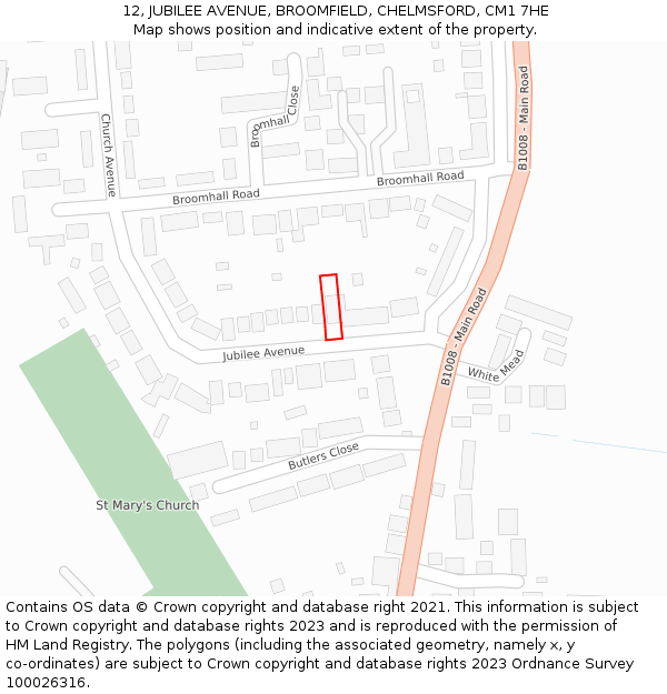 12, JUBILEE AVENUE, BROOMFIELD, CHELMSFORD, CM1 7HE: Location map and indicative extent of plot