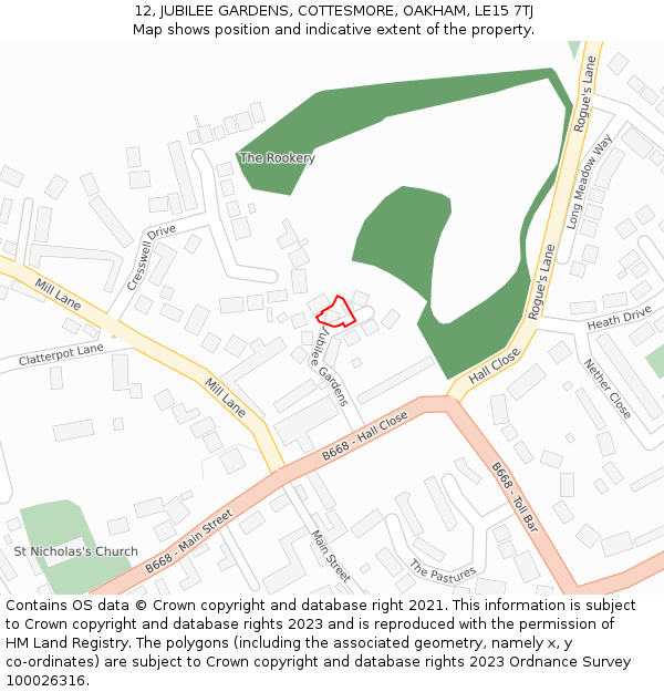 12, JUBILEE GARDENS, COTTESMORE, OAKHAM, LE15 7TJ: Location map and indicative extent of plot