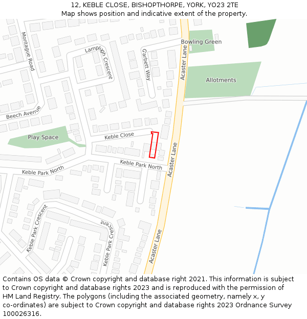 12, KEBLE CLOSE, BISHOPTHORPE, YORK, YO23 2TE: Location map and indicative extent of plot