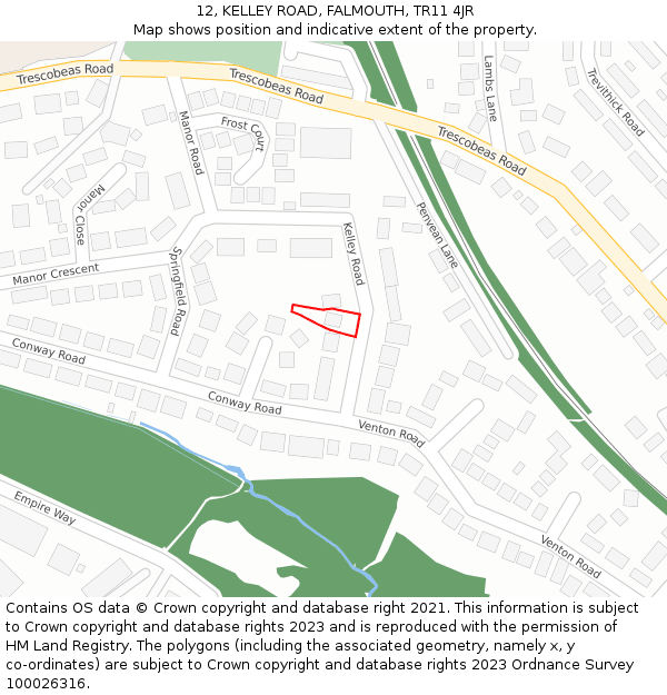 12, KELLEY ROAD, FALMOUTH, TR11 4JR: Location map and indicative extent of plot
