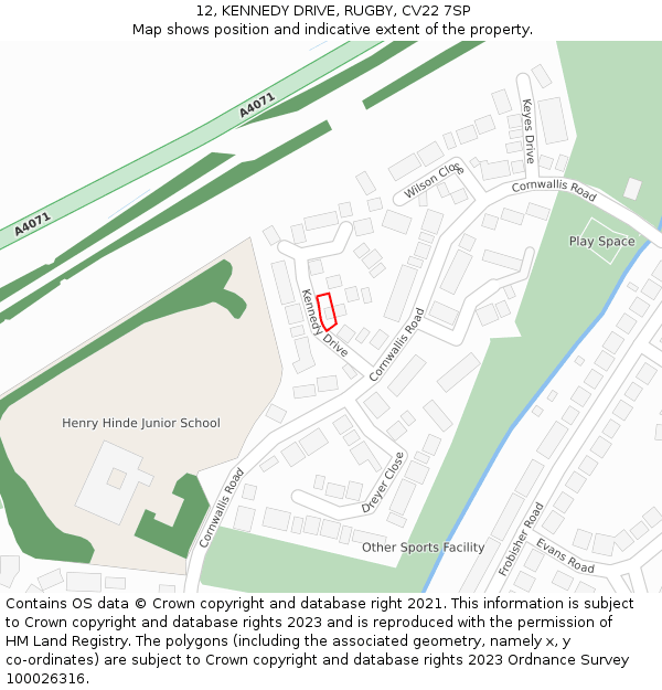 12, KENNEDY DRIVE, RUGBY, CV22 7SP: Location map and indicative extent of plot