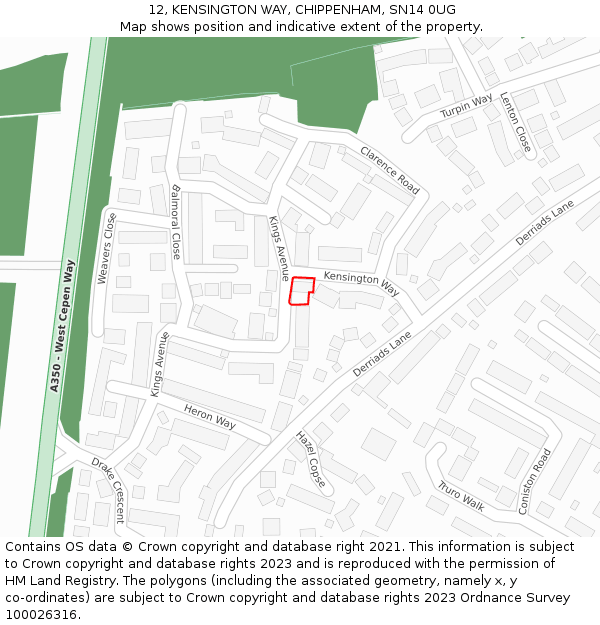 12, KENSINGTON WAY, CHIPPENHAM, SN14 0UG: Location map and indicative extent of plot
