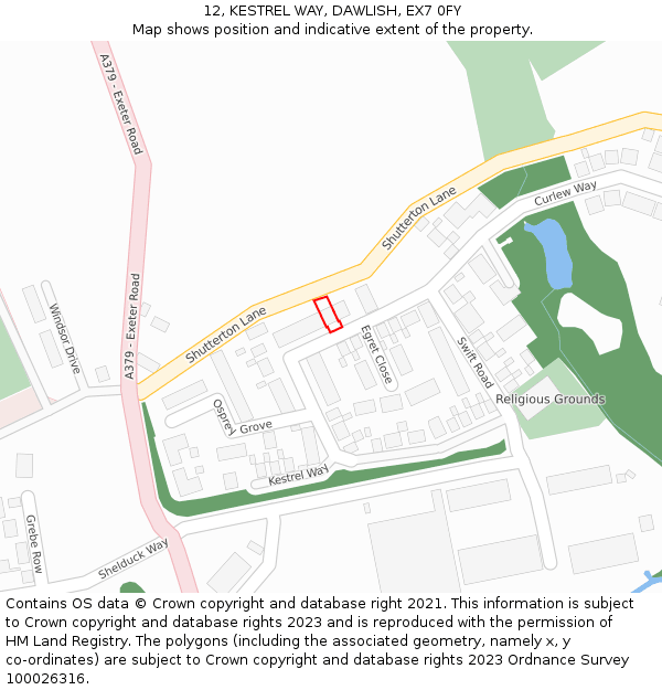 12, KESTREL WAY, DAWLISH, EX7 0FY: Location map and indicative extent of plot