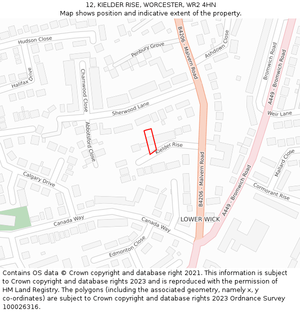 12, KIELDER RISE, WORCESTER, WR2 4HN: Location map and indicative extent of plot