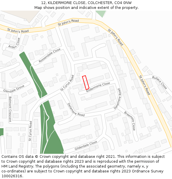12, KILDERMORIE CLOSE, COLCHESTER, CO4 0NW: Location map and indicative extent of plot