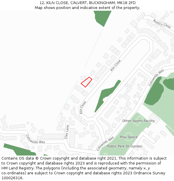 12, KILN CLOSE, CALVERT, BUCKINGHAM, MK18 2FD: Location map and indicative extent of plot