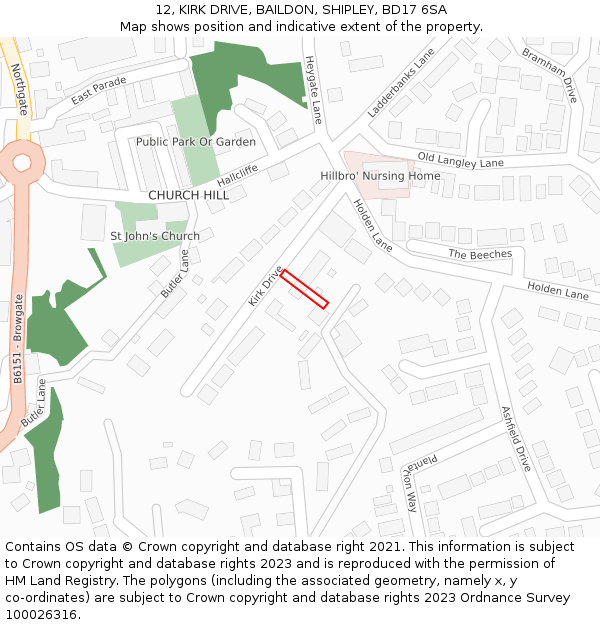 12, KIRK DRIVE, BAILDON, SHIPLEY, BD17 6SA: Location map and indicative extent of plot