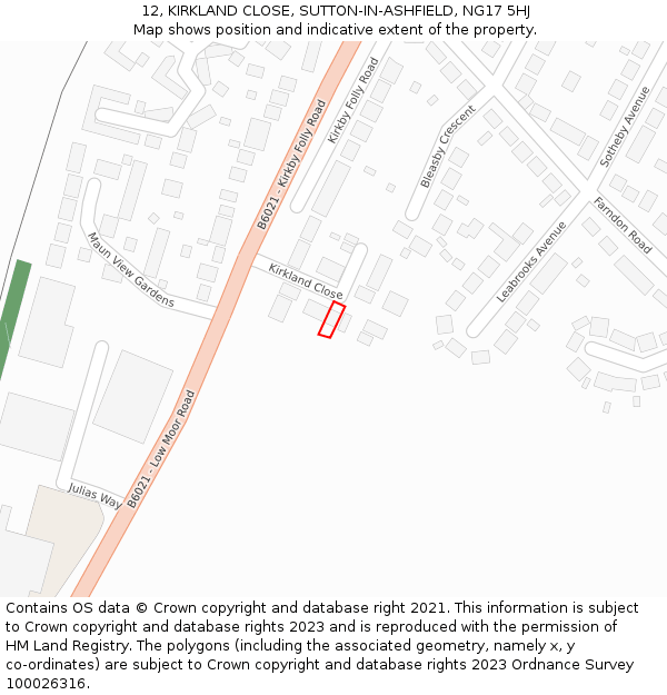 12, KIRKLAND CLOSE, SUTTON-IN-ASHFIELD, NG17 5HJ: Location map and indicative extent of plot