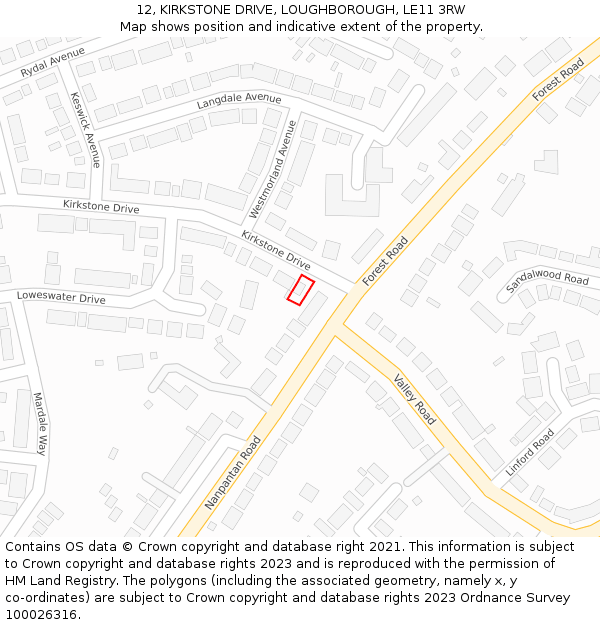 12, KIRKSTONE DRIVE, LOUGHBOROUGH, LE11 3RW: Location map and indicative extent of plot