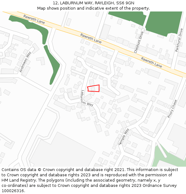 12, LABURNUM WAY, RAYLEIGH, SS6 9GN: Location map and indicative extent of plot