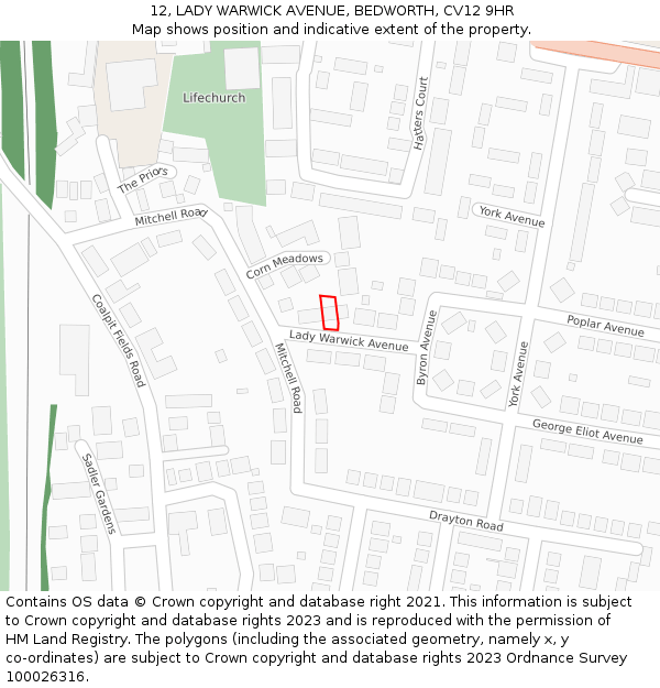 12, LADY WARWICK AVENUE, BEDWORTH, CV12 9HR: Location map and indicative extent of plot