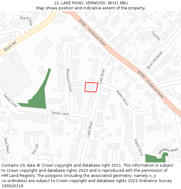 12, LAKE ROAD, VERWOOD, BH31 6BU: Location map and indicative extent of plot