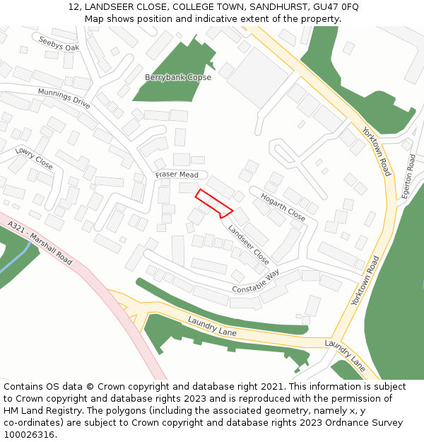 12, LANDSEER CLOSE, COLLEGE TOWN, SANDHURST, GU47 0FQ: Location map and indicative extent of plot