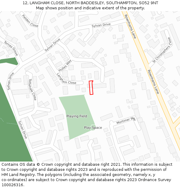 12, LANGHAM CLOSE, NORTH BADDESLEY, SOUTHAMPTON, SO52 9NT: Location map and indicative extent of plot