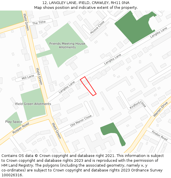 12, LANGLEY LANE, IFIELD, CRAWLEY, RH11 0NA: Location map and indicative extent of plot