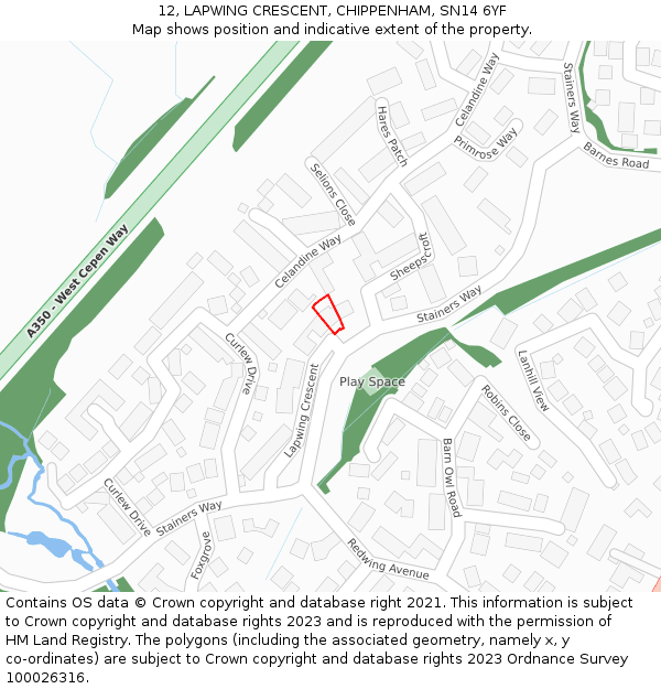 12, LAPWING CRESCENT, CHIPPENHAM, SN14 6YF: Location map and indicative extent of plot