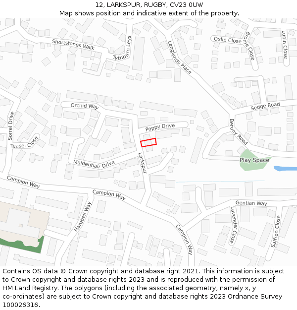 12, LARKSPUR, RUGBY, CV23 0UW: Location map and indicative extent of plot