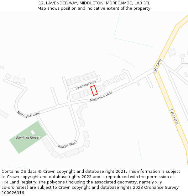 12, LAVENDER WAY, MIDDLETON, MORECAMBE, LA3 3FL: Location map and indicative extent of plot