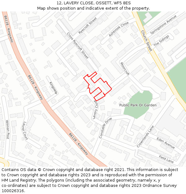 12, LAVERY CLOSE, OSSETT, WF5 8ES: Location map and indicative extent of plot