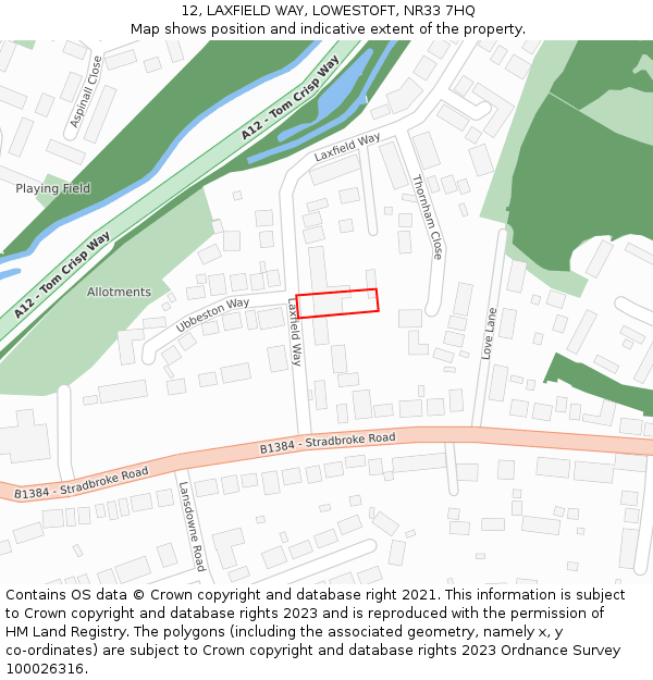 12, LAXFIELD WAY, LOWESTOFT, NR33 7HQ: Location map and indicative extent of plot