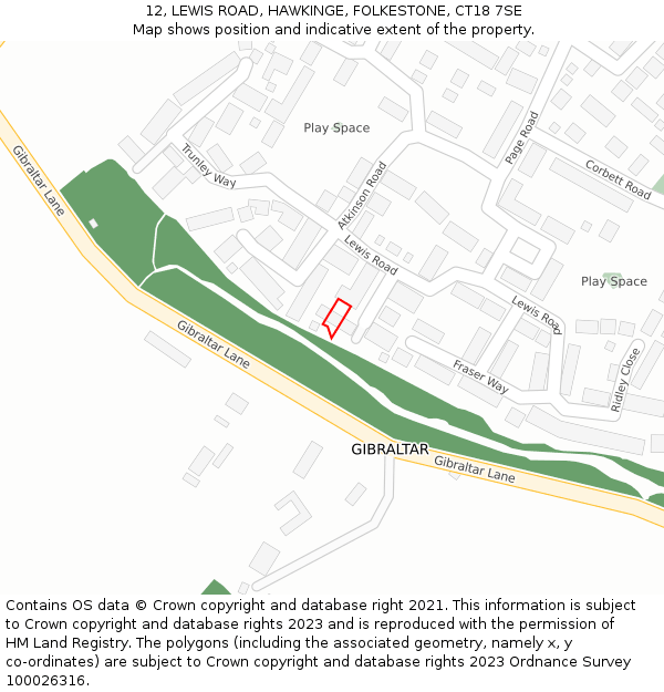 12, LEWIS ROAD, HAWKINGE, FOLKESTONE, CT18 7SE: Location map and indicative extent of plot