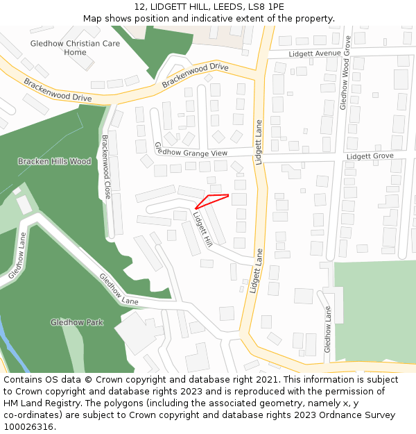 12, LIDGETT HILL, LEEDS, LS8 1PE: Location map and indicative extent of plot