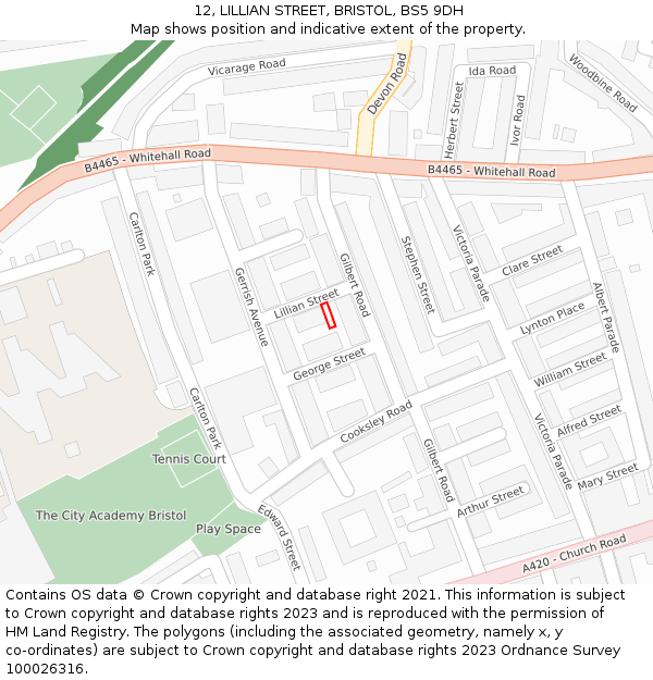 12, LILLIAN STREET, BRISTOL, BS5 9DH: Location map and indicative extent of plot