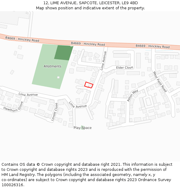 12, LIME AVENUE, SAPCOTE, LEICESTER, LE9 4BD: Location map and indicative extent of plot