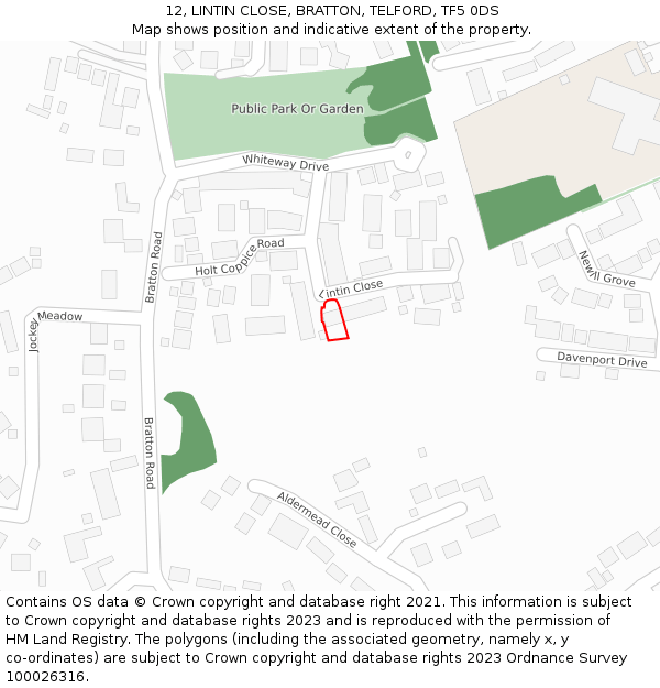 12, LINTIN CLOSE, BRATTON, TELFORD, TF5 0DS: Location map and indicative extent of plot