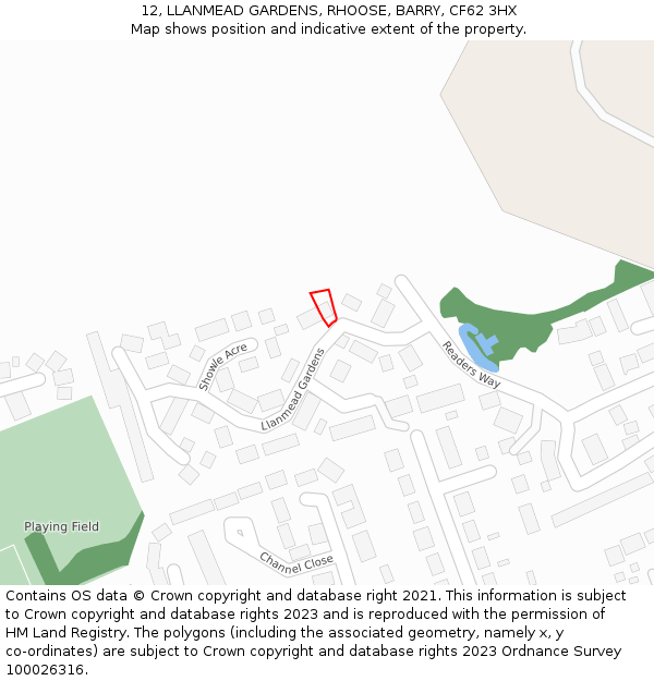12, LLANMEAD GARDENS, RHOOSE, BARRY, CF62 3HX: Location map and indicative extent of plot