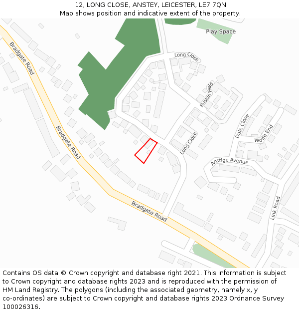 12, LONG CLOSE, ANSTEY, LEICESTER, LE7 7QN: Location map and indicative extent of plot