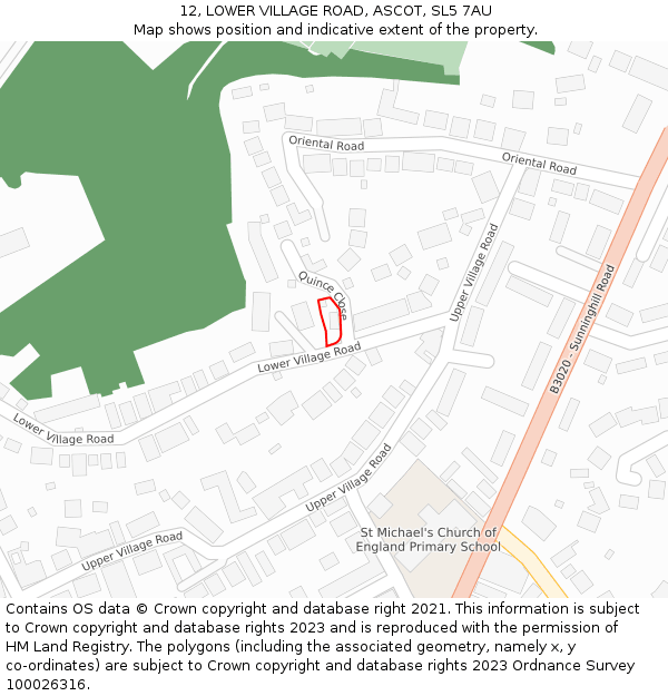 12, LOWER VILLAGE ROAD, ASCOT, SL5 7AU: Location map and indicative extent of plot