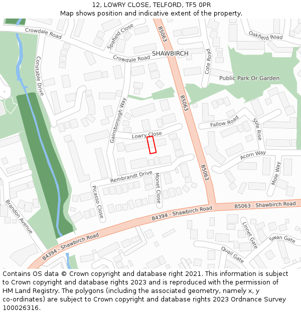 12, LOWRY CLOSE, TELFORD, TF5 0PR: Location map and indicative extent of plot