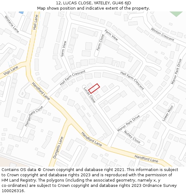 12, LUCAS CLOSE, YATELEY, GU46 6JD: Location map and indicative extent of plot