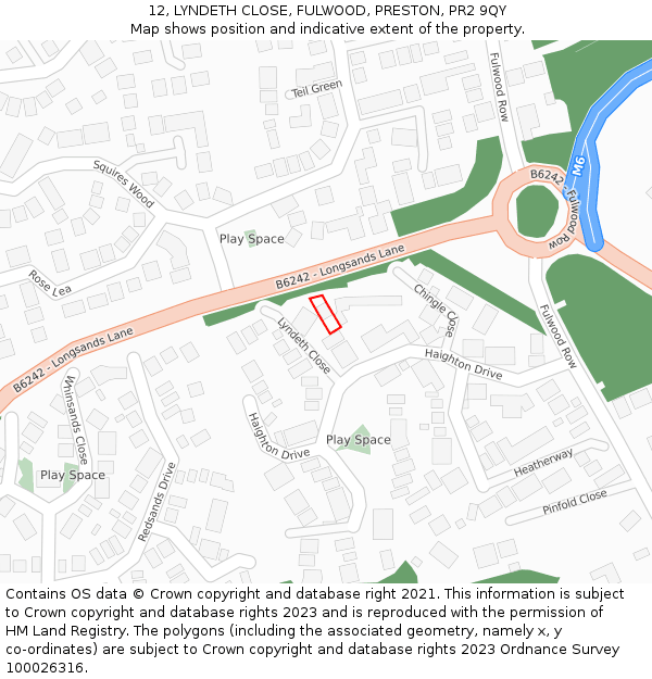 12, LYNDETH CLOSE, FULWOOD, PRESTON, PR2 9QY: Location map and indicative extent of plot
